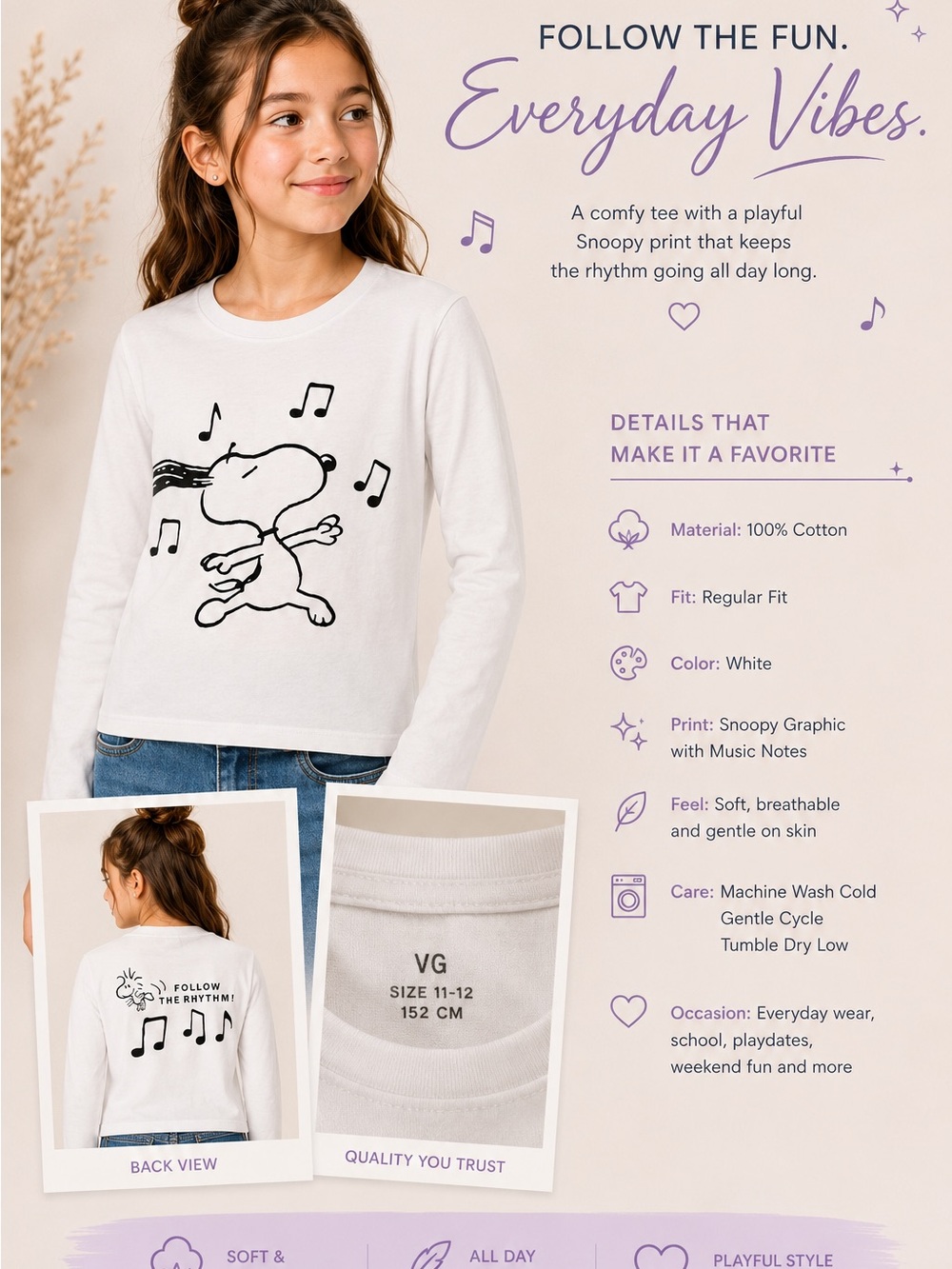 Mango White Snoopy Music-Note Long Sleeve Tee - Kids